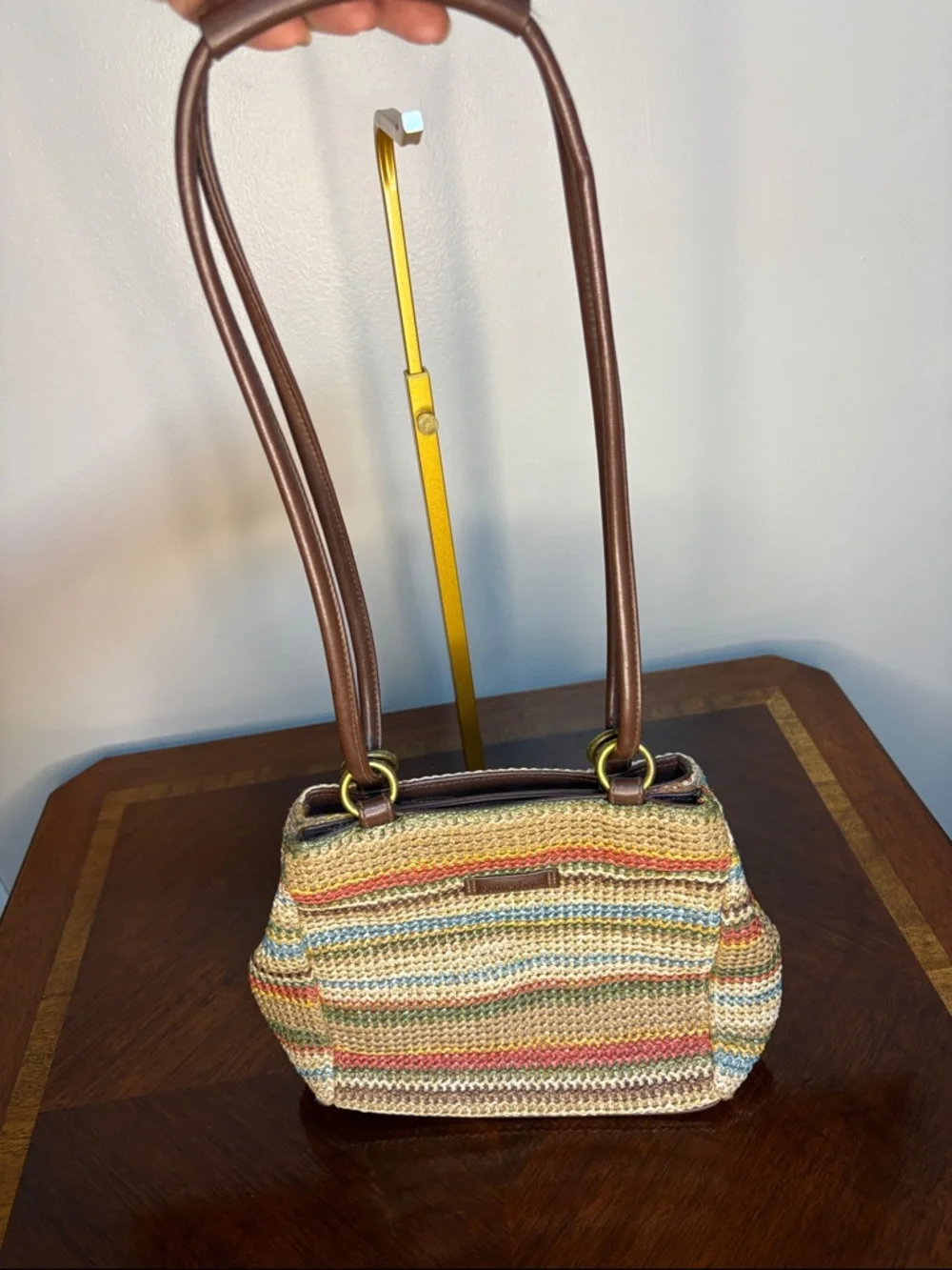 Multicolor Woven Shoulder Bag with Brown Straps